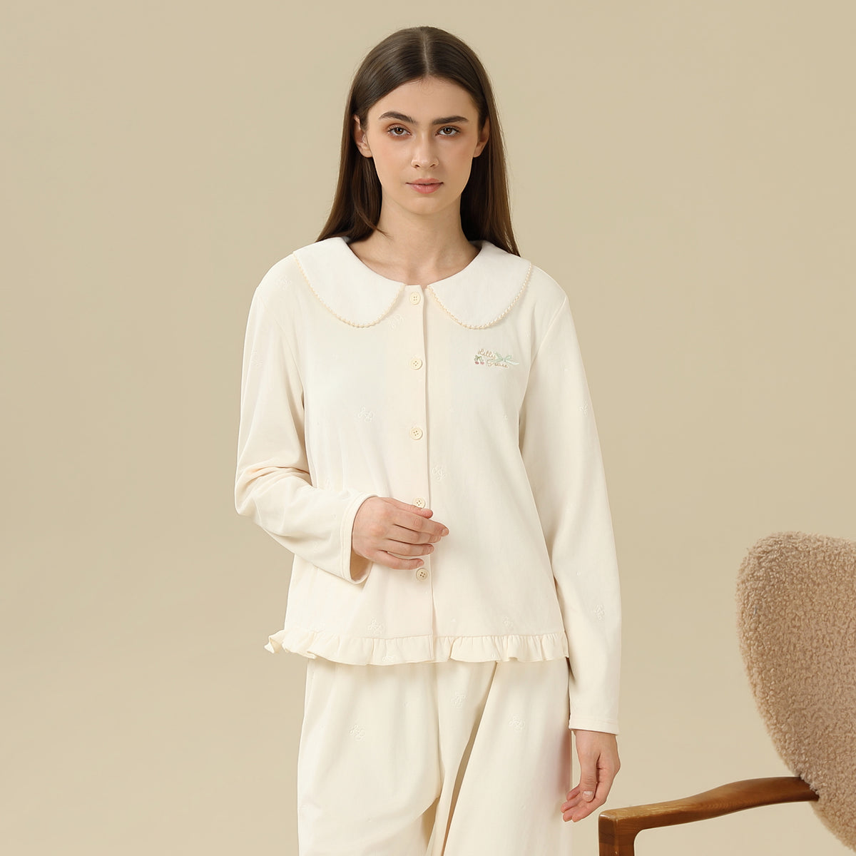 Jacket:Embroidery,Pants:Printed Pajama Set-2Pc For Women