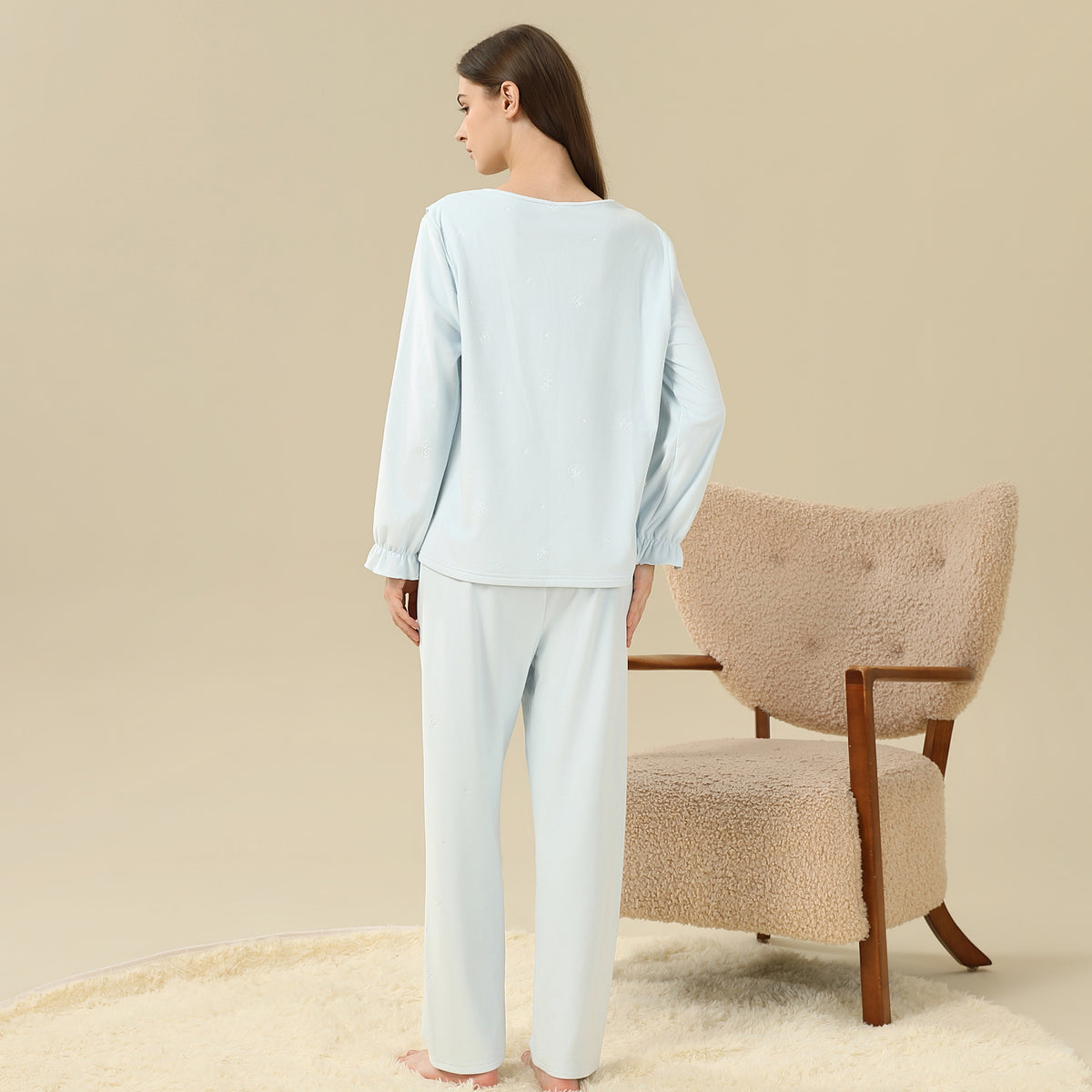 Jacket:Embroidery,Pants:Printed Pajama Set-2Pc For Women