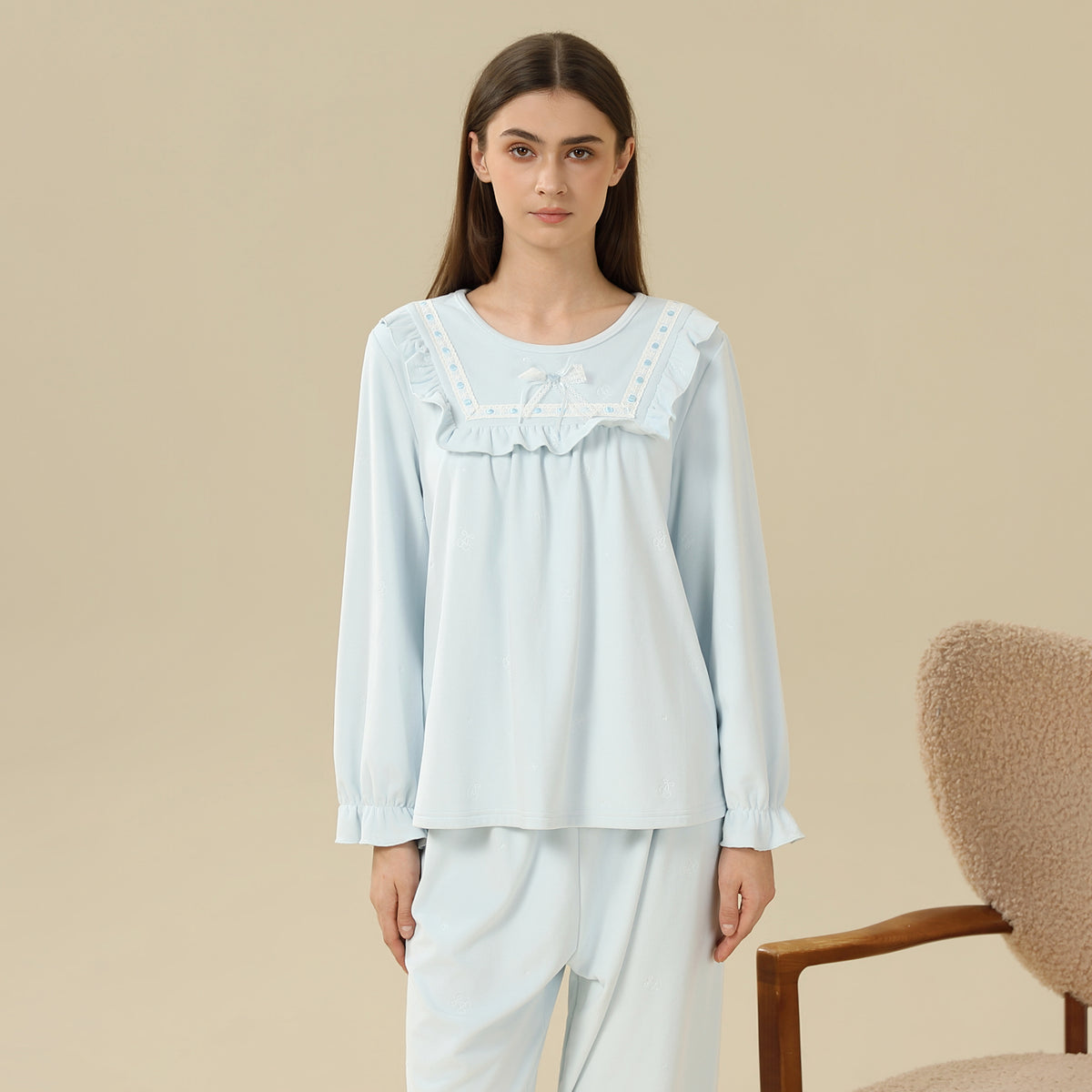 Jacket:Embroidery,Pants:Printed Pajama Set-2Pc For Women