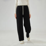 Black Wide-Leg Mid-Wiast Plain Pants for Women Image