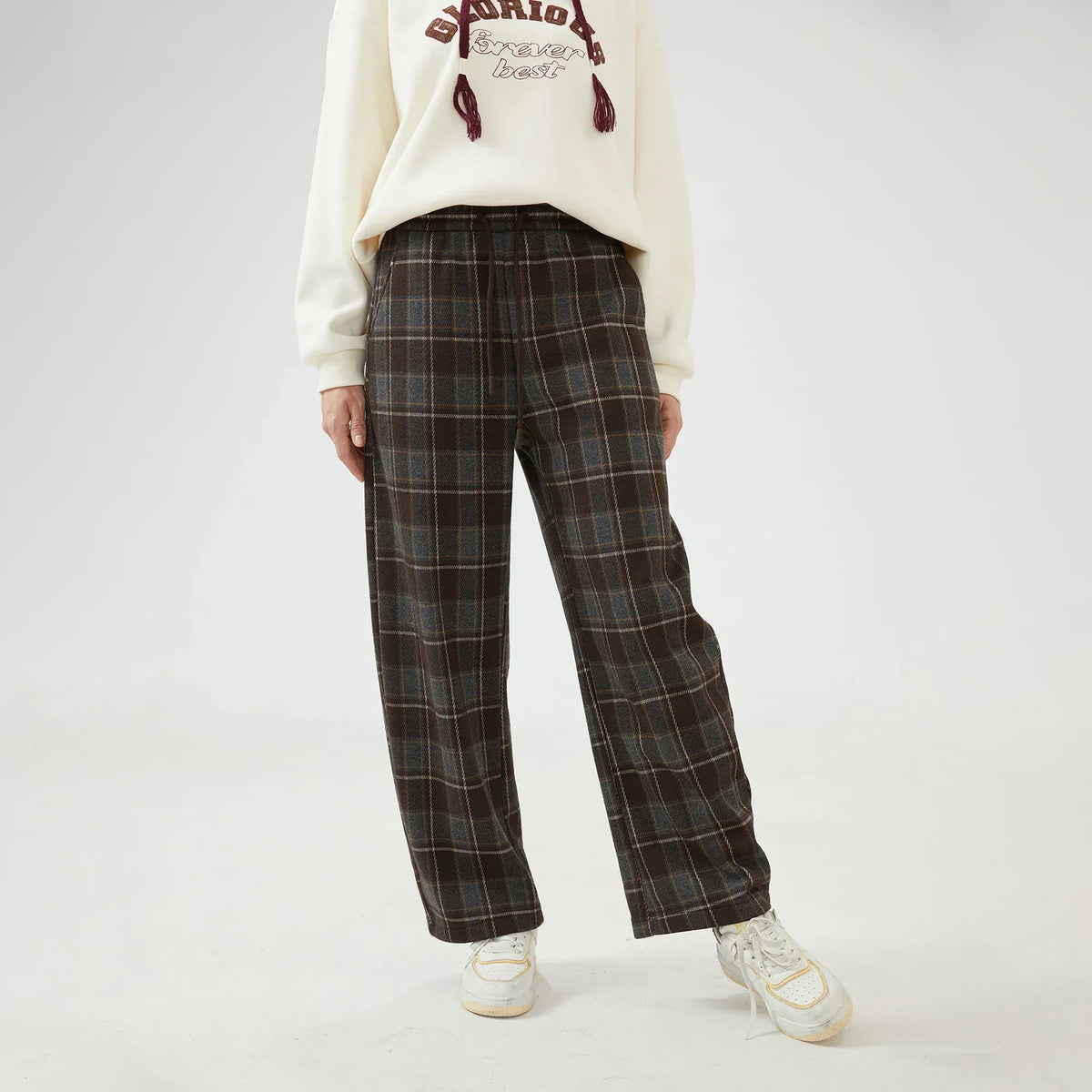 Wide-Leg Mid-Wiast Checked Pants for Women Image