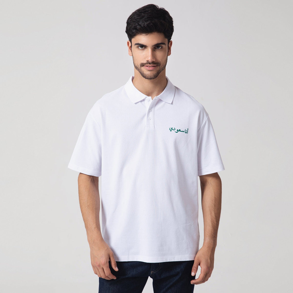 White Printed Casual Polo Shirt for Men Image