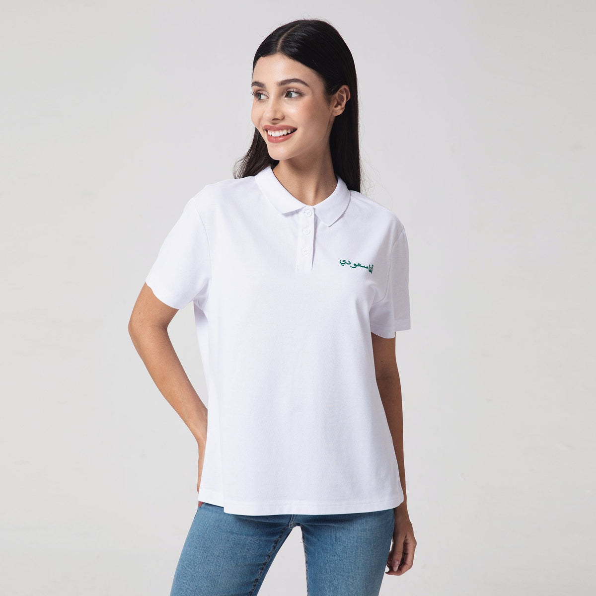 White Printed Casual Polo Shirt for Women Image
