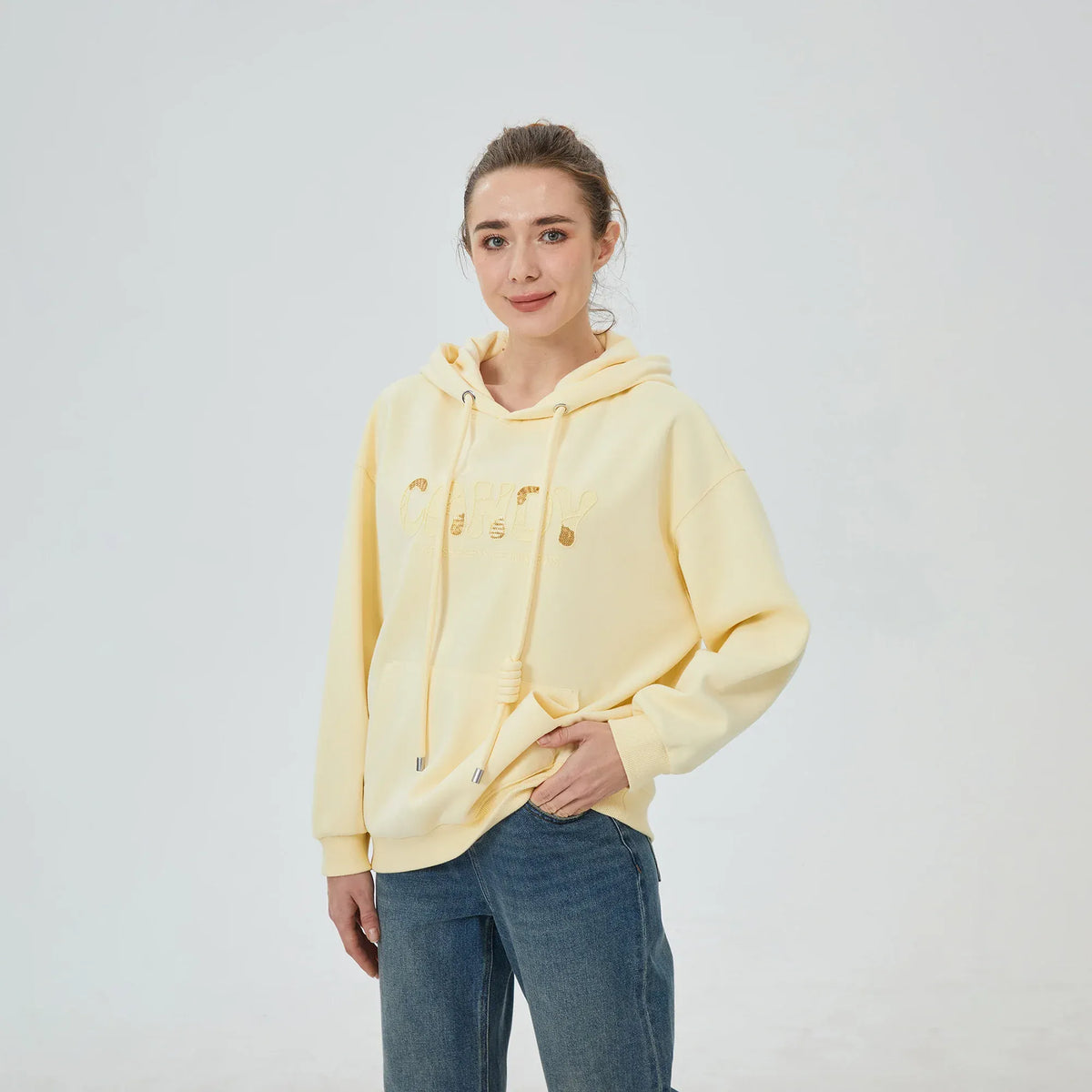 Light Yellow Embroidery Hoodie for Women Image