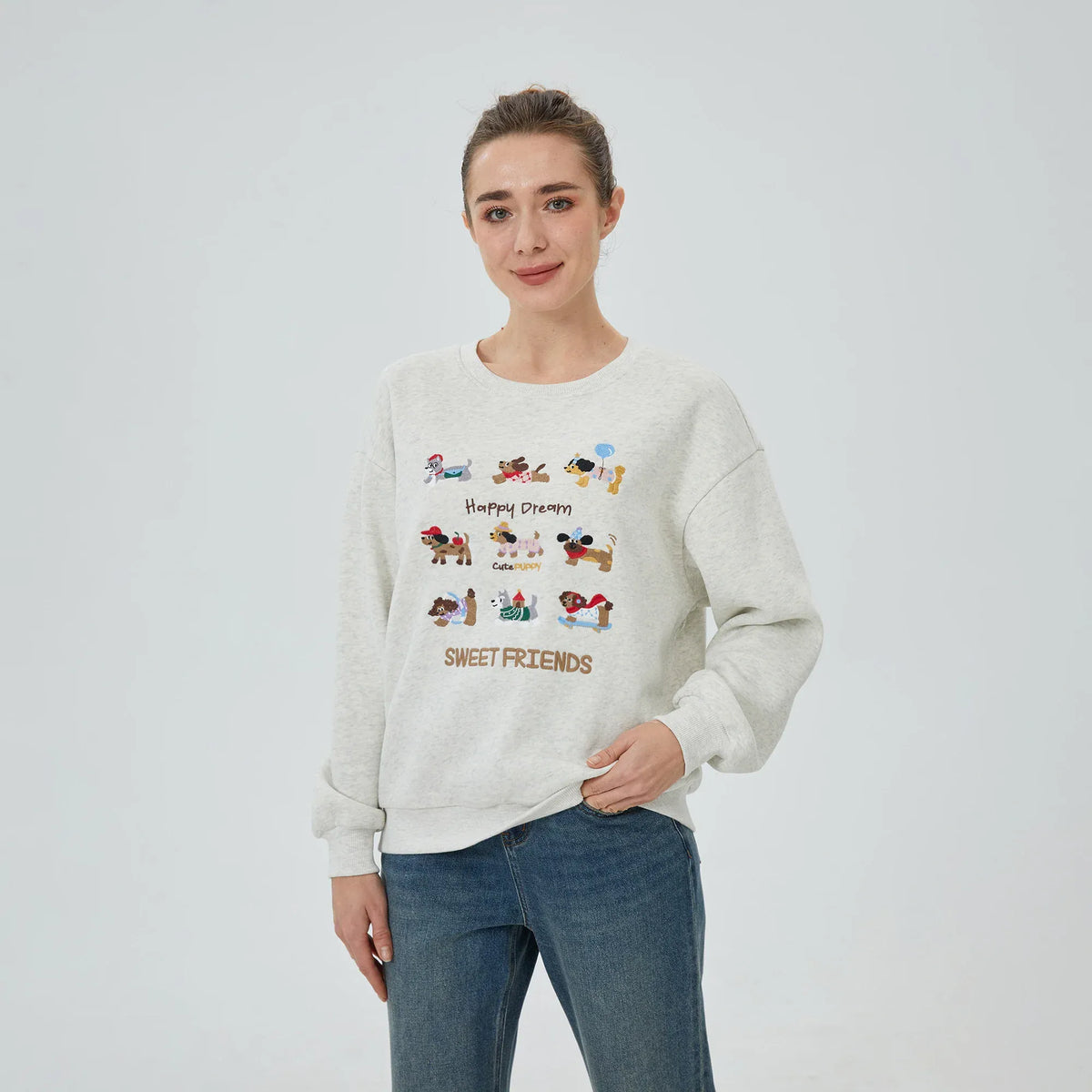 Light Grey Embroidery Sweatshirt for Women Image