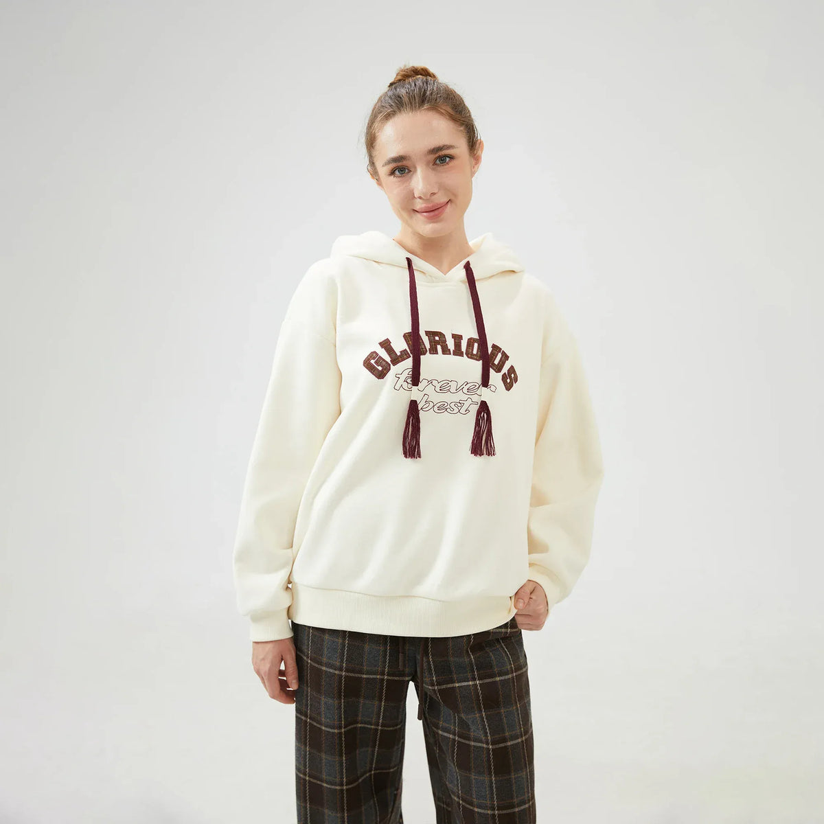 Off White Embroidery Loose Drop-Shoulder Hoodie with With Hood for Women Image