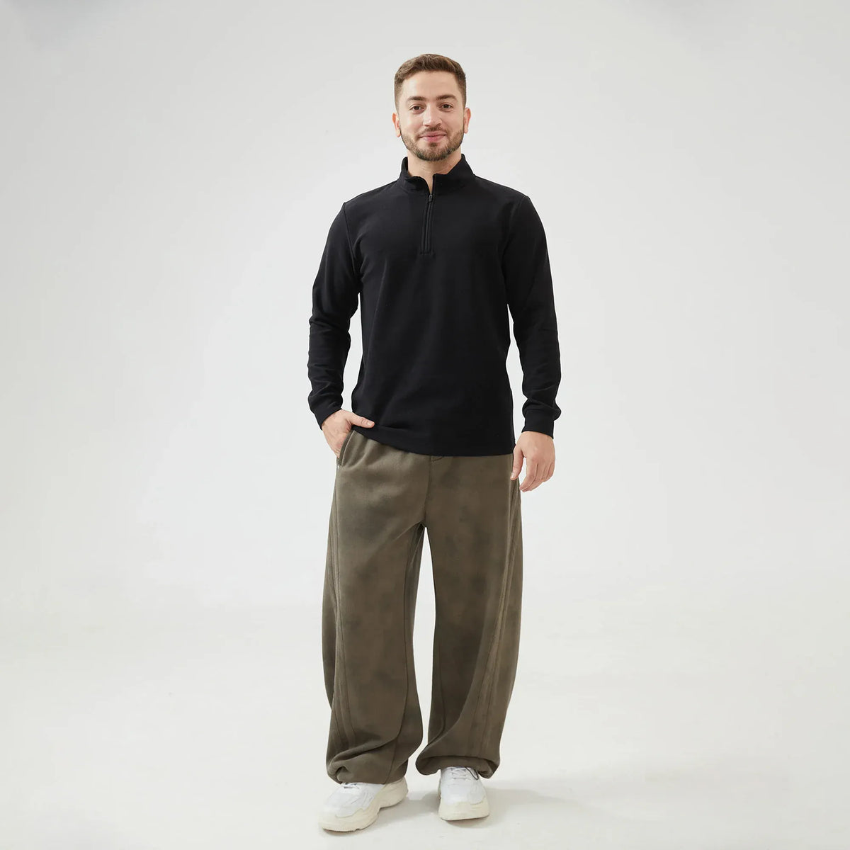 Plain Regular Sleeve Sweatshirt with Stand Collar for Men Image