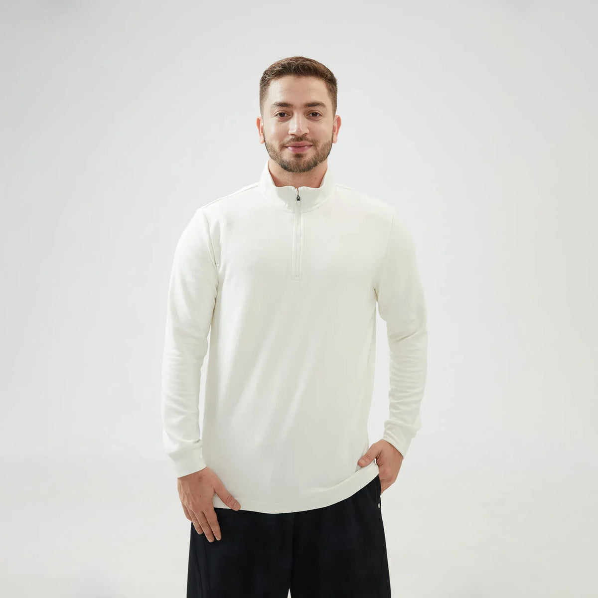 Off White Plain Regular Sleeve Sweatshirt with Stand Collar for Men Image