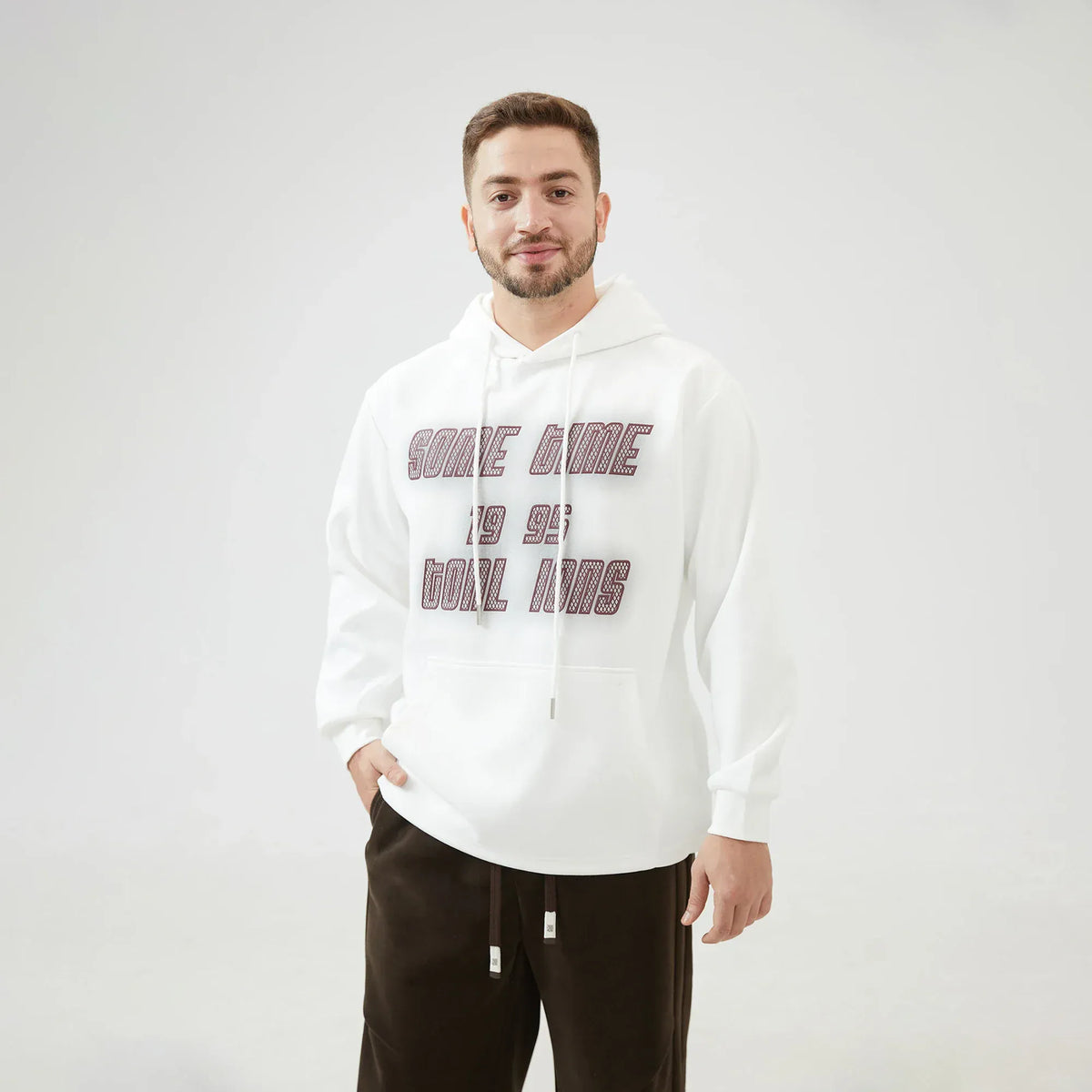 Off White Embroidery Loose Drop-Shoulder Hoodie with With Hood for Men Image