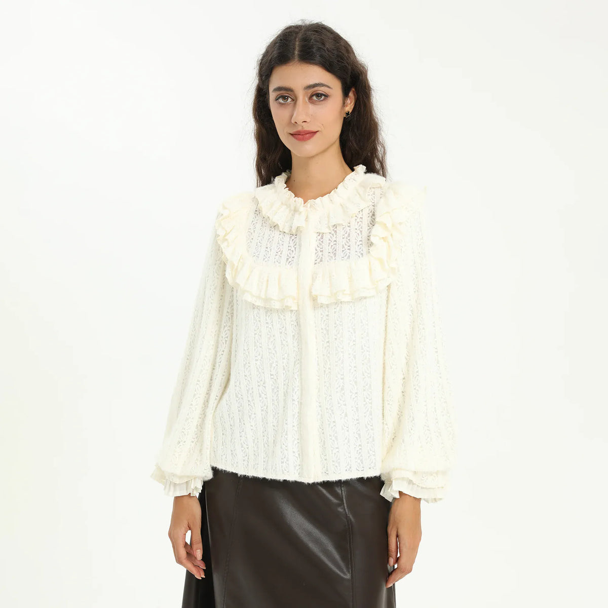 Beige Elegant Jacquard Shirt for Women Image