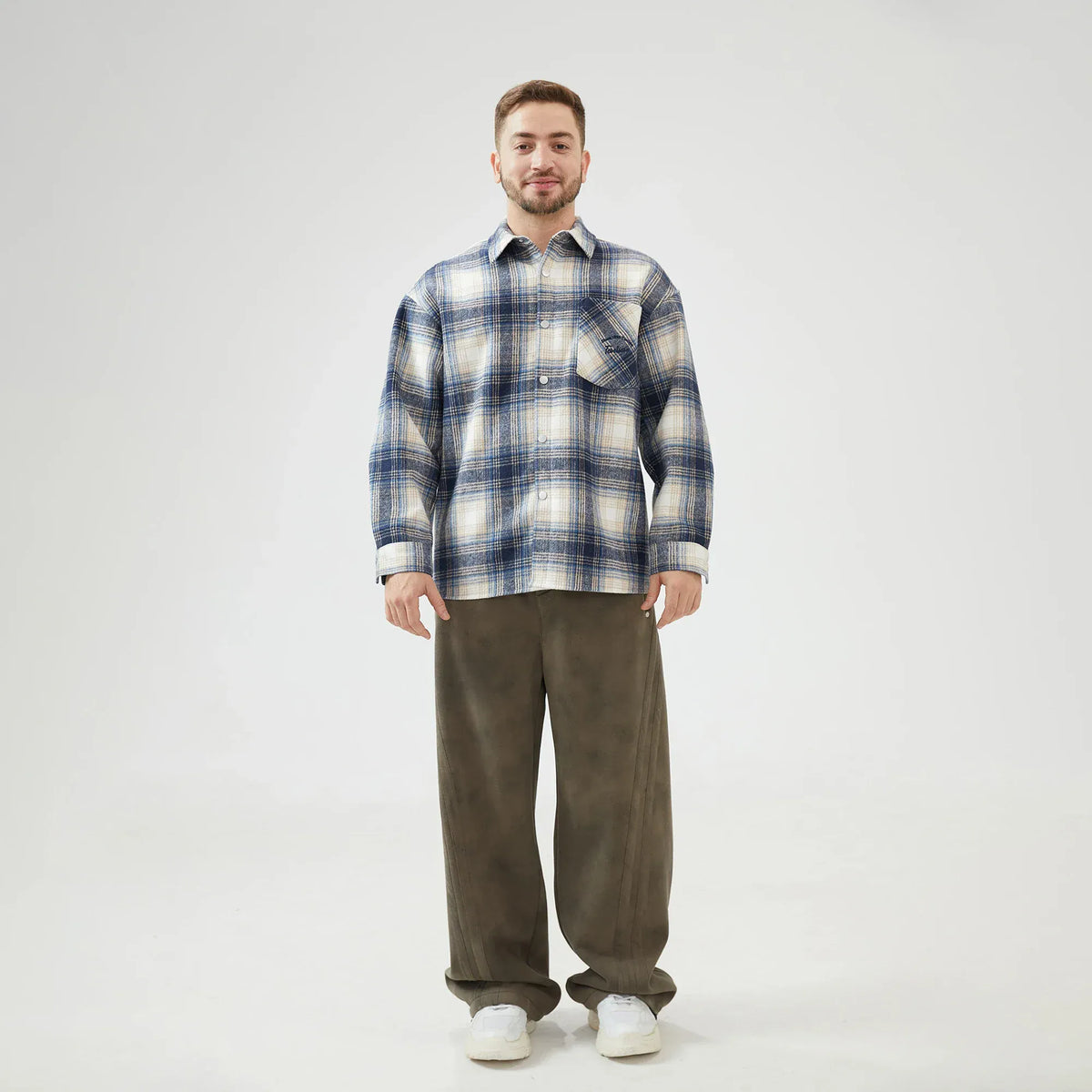 Checked Regular Drop-Shoulder Shirt with Collar for Men Image