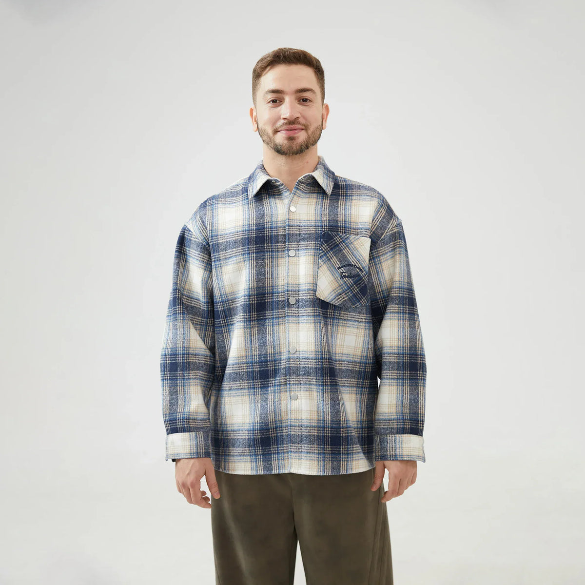Checked Regular Drop-Shoulder Shirt with Collar for Men Image
