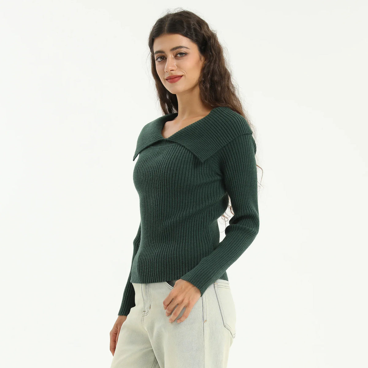 Dark Green Elegant Plain Sweater for Women Image