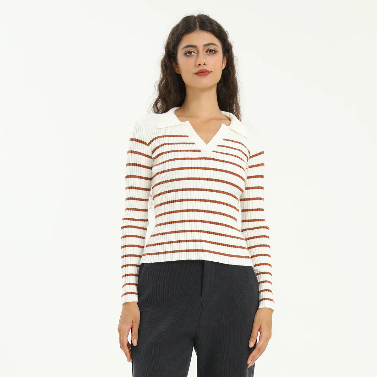 White Elegant Striped Sweater for Women Image