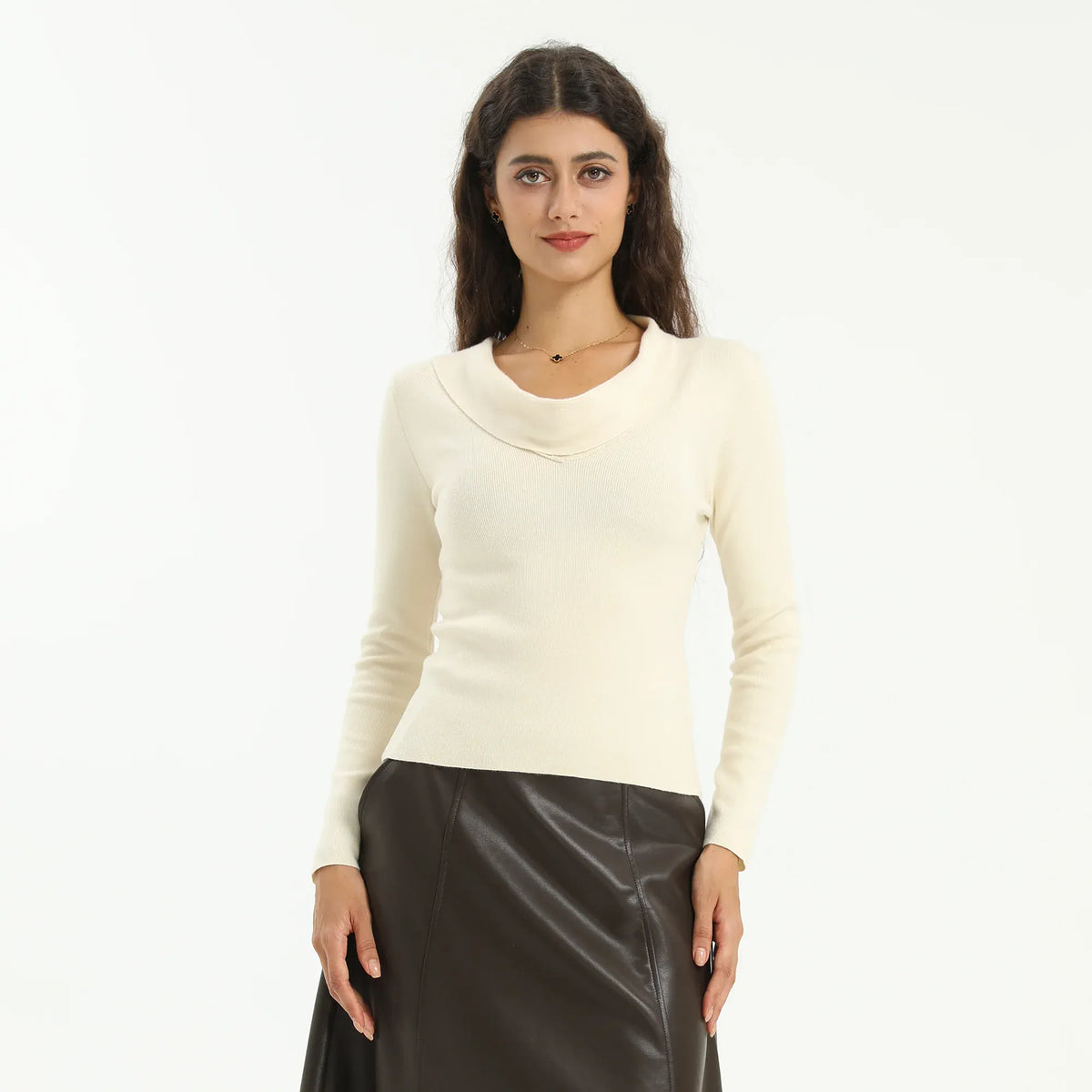 Beige Elegant Plain Sweater for Women Image