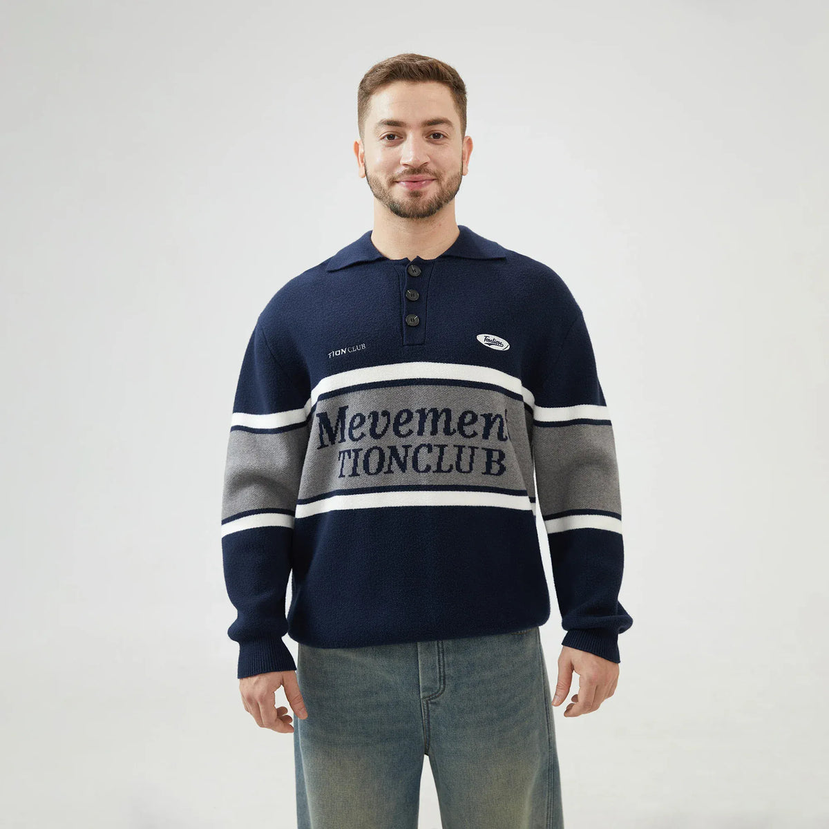 Dark Blue Embroidery Regular Drop-Shoulder Sweater with Collar for Men Image