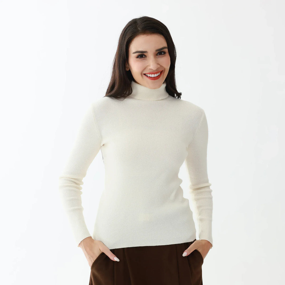 Beige Elegant Plain Sweater for Women Image