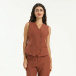 Red Brown Elegant Plain Waistcoat for Women Image