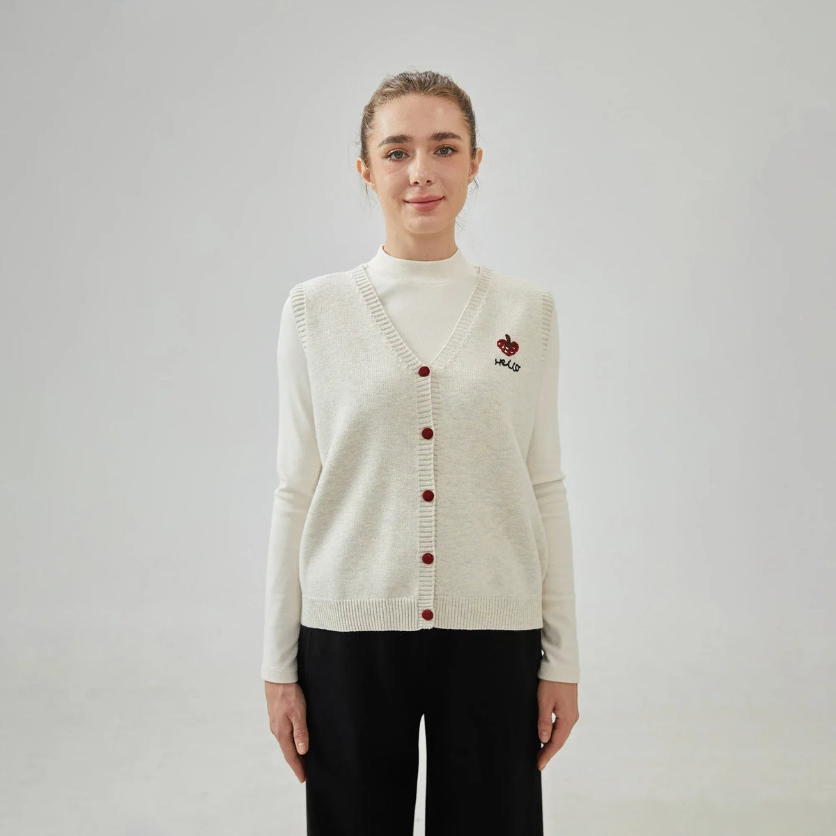 Beige Grey Embroidery Regular Sleevless Waistcoat with V-Neck for Women Image