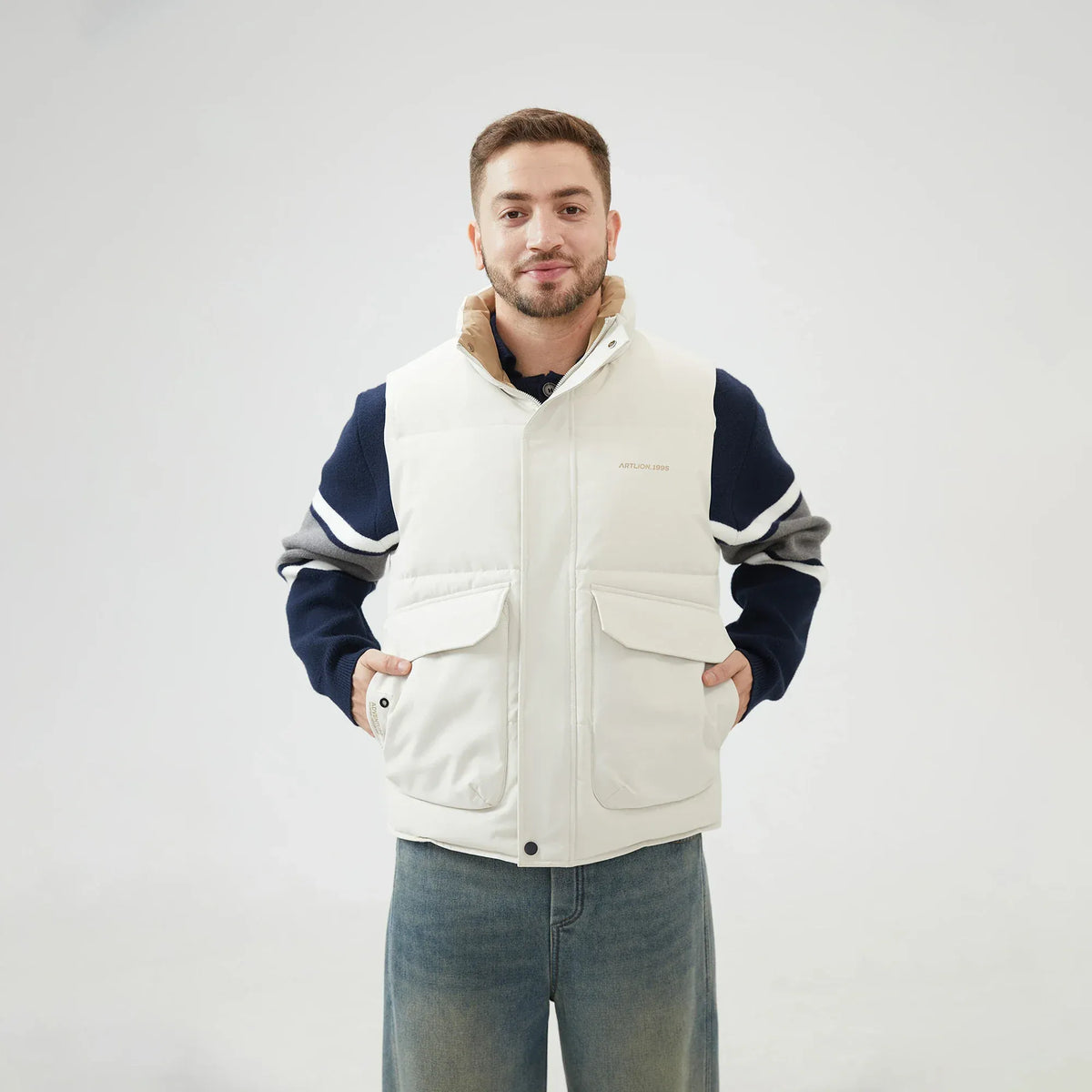 Off White Jacket with Stand Collar for Men Image
