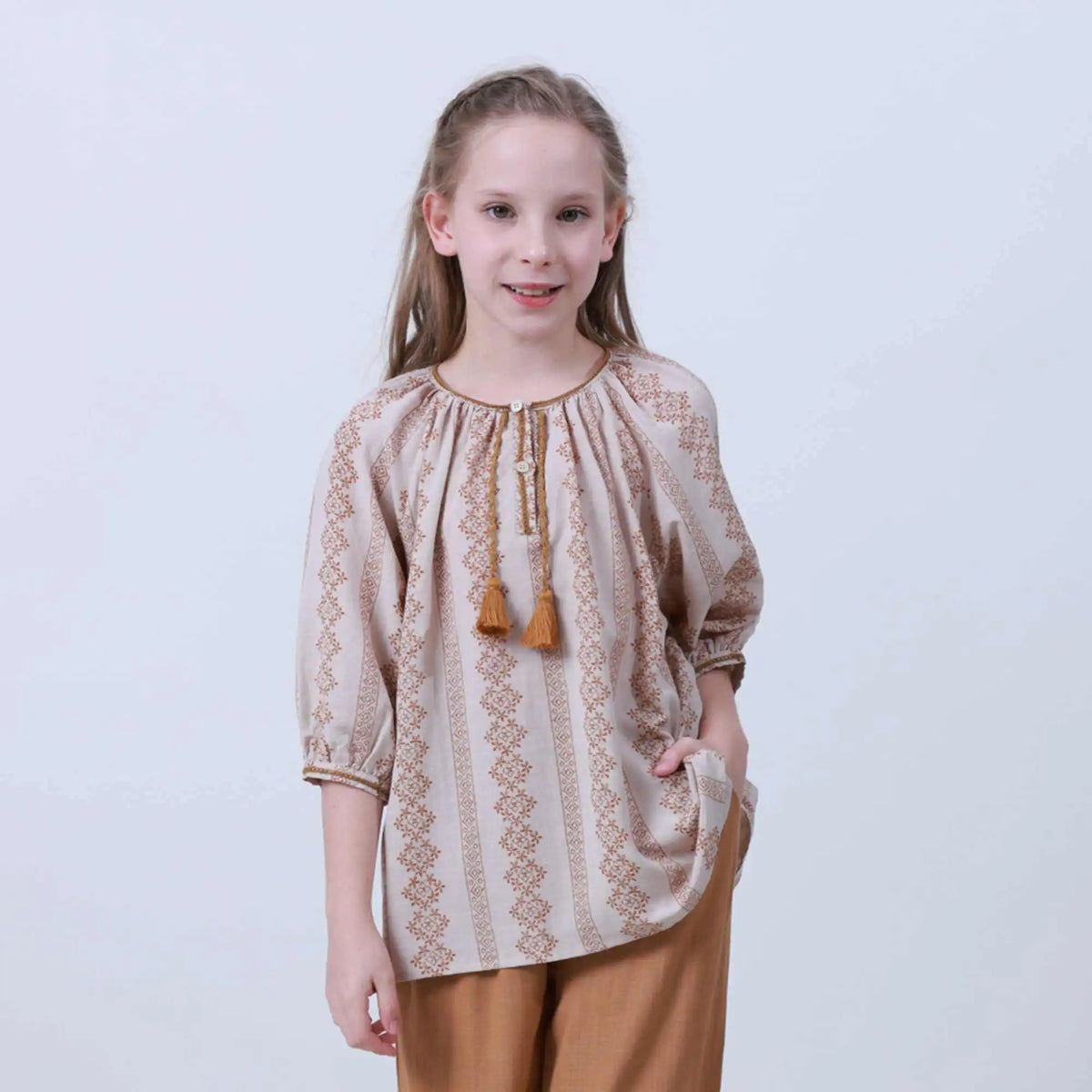 Printed Linen Blouse For Girls 100 | 3Y Khaki Flower 100 | 3Y,43,89,34.5, Image