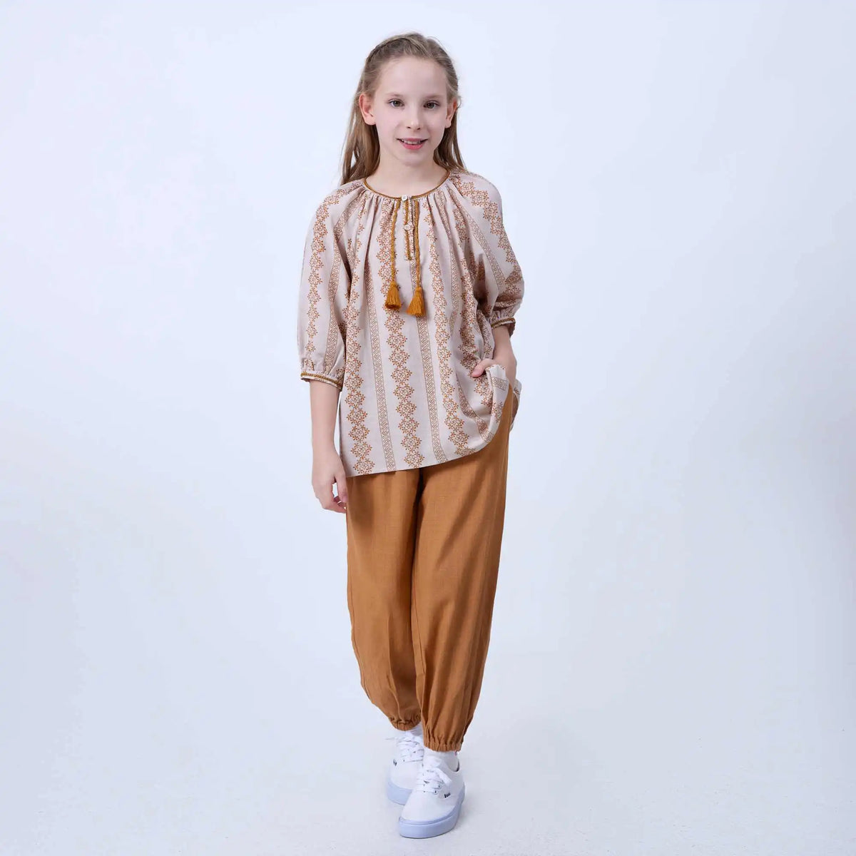 Printed Linen Blouse For Girls 120 | 5-6Y Khaki Flower 120 | 5-6Y,48.6,97,38.5, Image