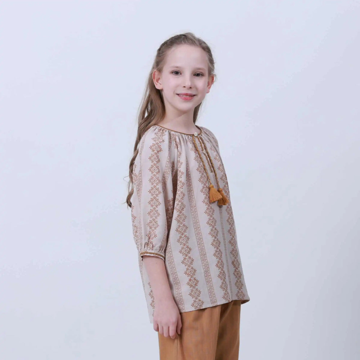 Printed Linen Blouse For Girls 130 | 7-8Y Khaki Flower 130 | 7-8Y,51.4,101,40.5, Image