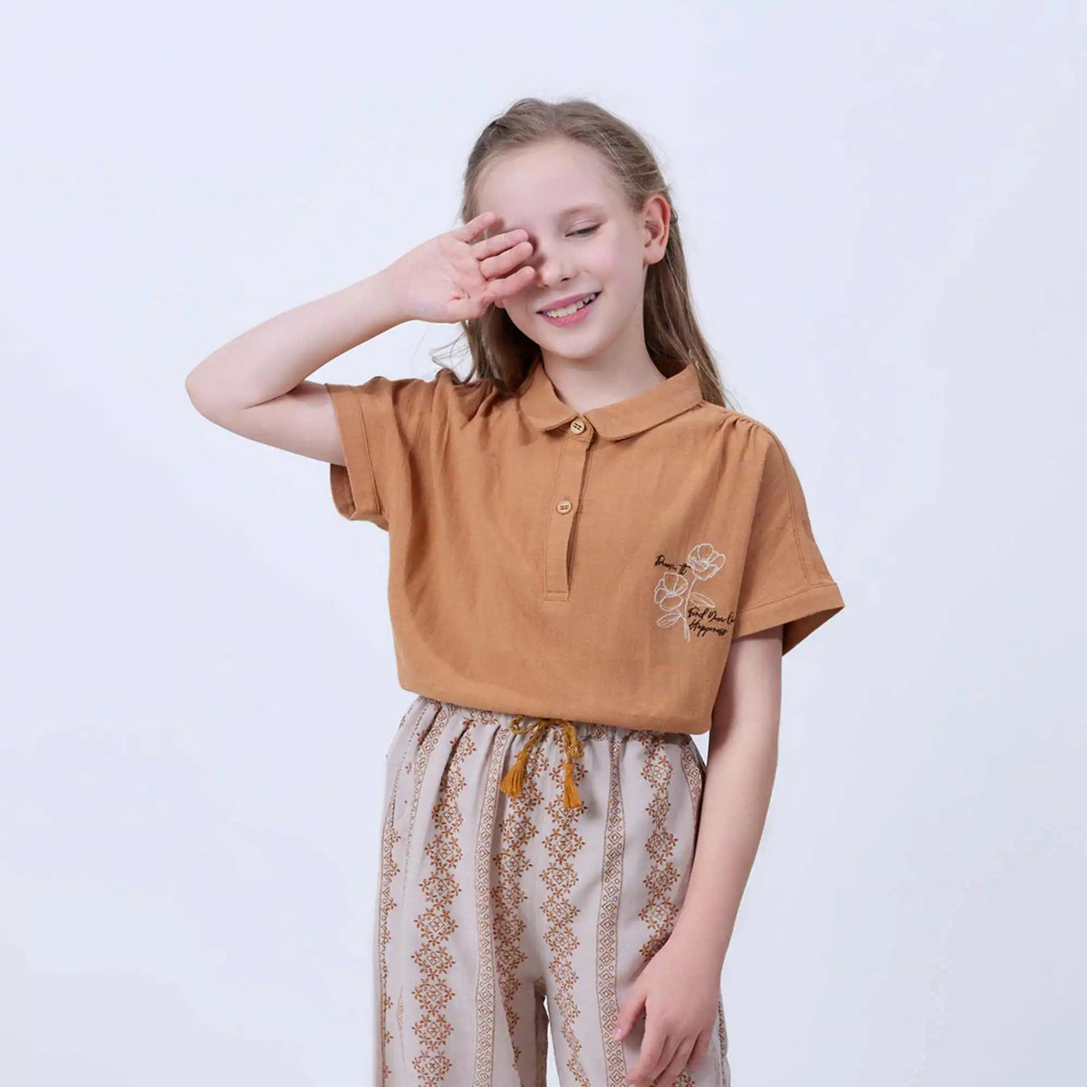 Floral Linen Blouse For Girls 100 | 3Y Khaki 100 | 3Y,40,70,18, Image