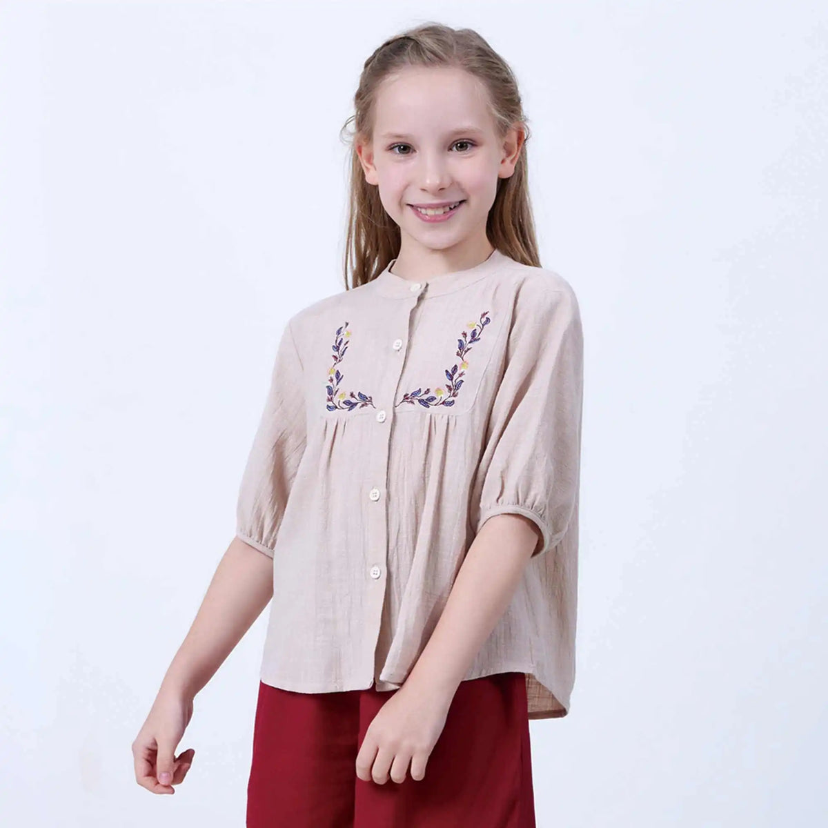 Floral Linen Shirt For Girls 100 | 3Y Beige 100 | 3Y,38,74,21.5, Image