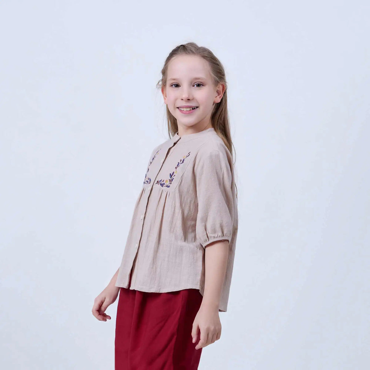 Floral Linen Shirt For Girls 120 | 5-6Y Beige 120 | 5-6Y,43.6,82,25.5, Image