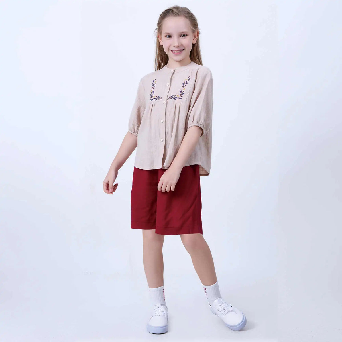 Ordinary Linen Shorts For Girls 120 | 5-6Y Maroon 120 | 5-6Y,37.5,48,52.6,84.8 Image