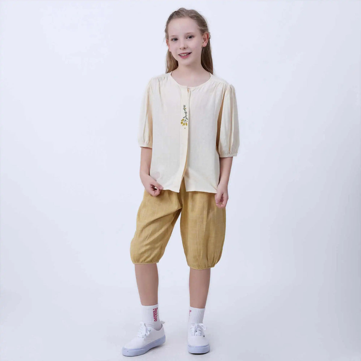 Floral Linen Shirt For Girls 120 | 5-6Y Light Beige 120 | 5-6Y,44.1,78,27.5, Image