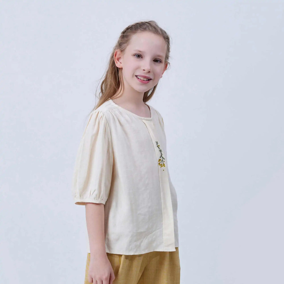 Floral Linen Shirt For Girls 130 | 7-8Y Light Beige 130 | 7-8Y,46.9,82,29.5, Image