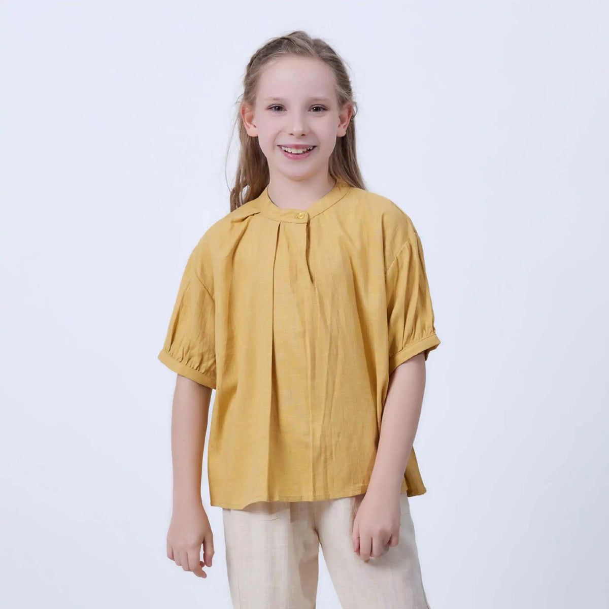 Plain Linen Blouse For Girls 100 | 3Y Mustard Yellow 100 | 3Y,40,82,16.5, Image