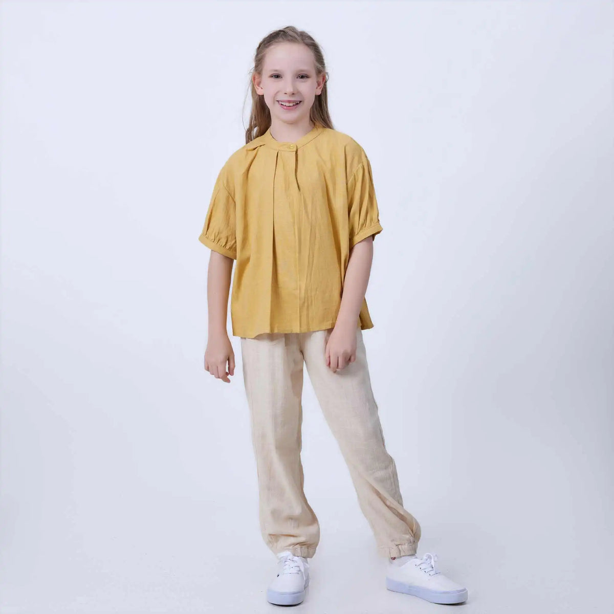 Plain Linen Blouse For Girls 120 | 5-6Y Mustard Yellow 120 | 5-6Y,45.6,90,17.5, Image