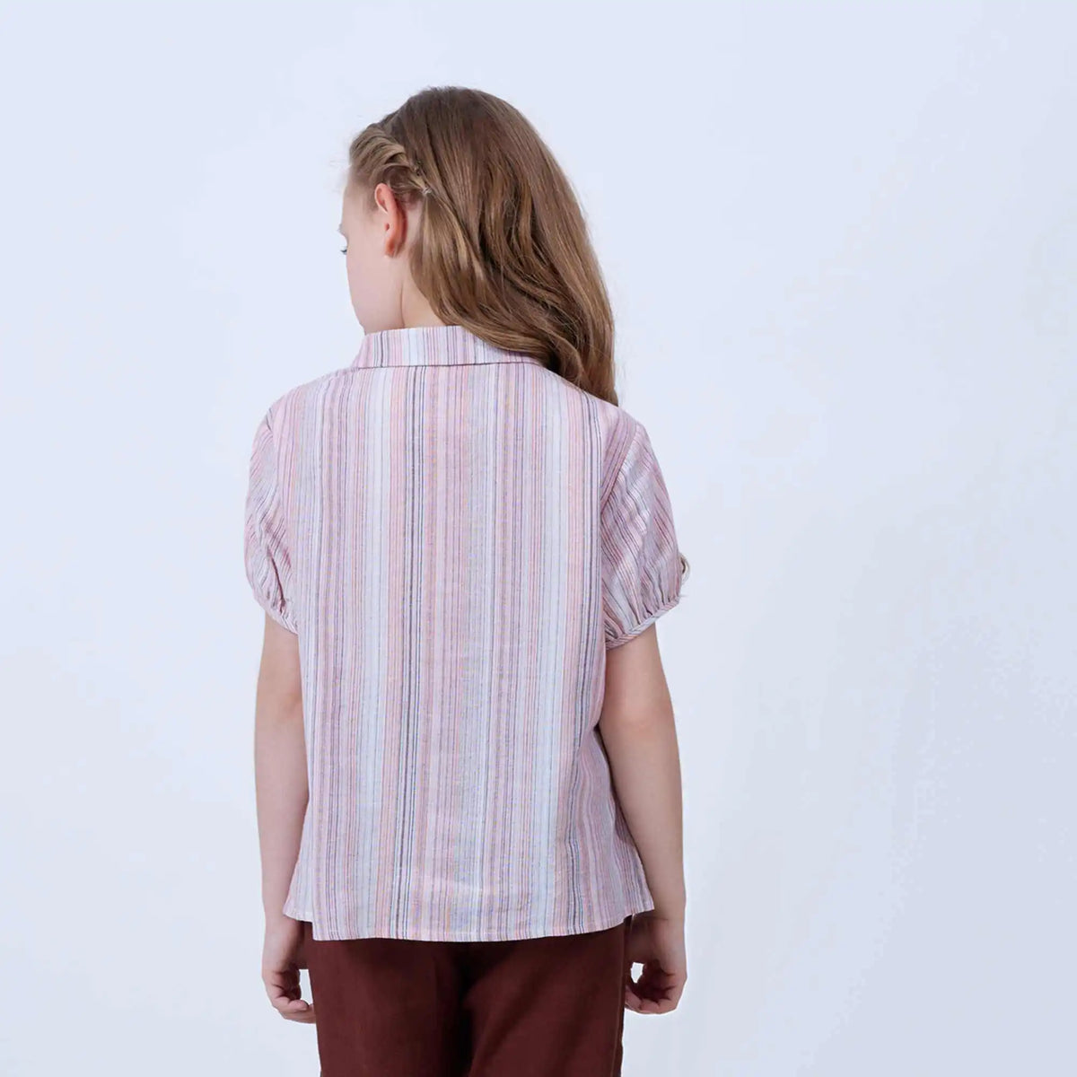 Stripped Linen Shirt For Girls 110 | 4-5Y Pink Stripes 110 | 4-5Y,41.8,72,13.5, Image