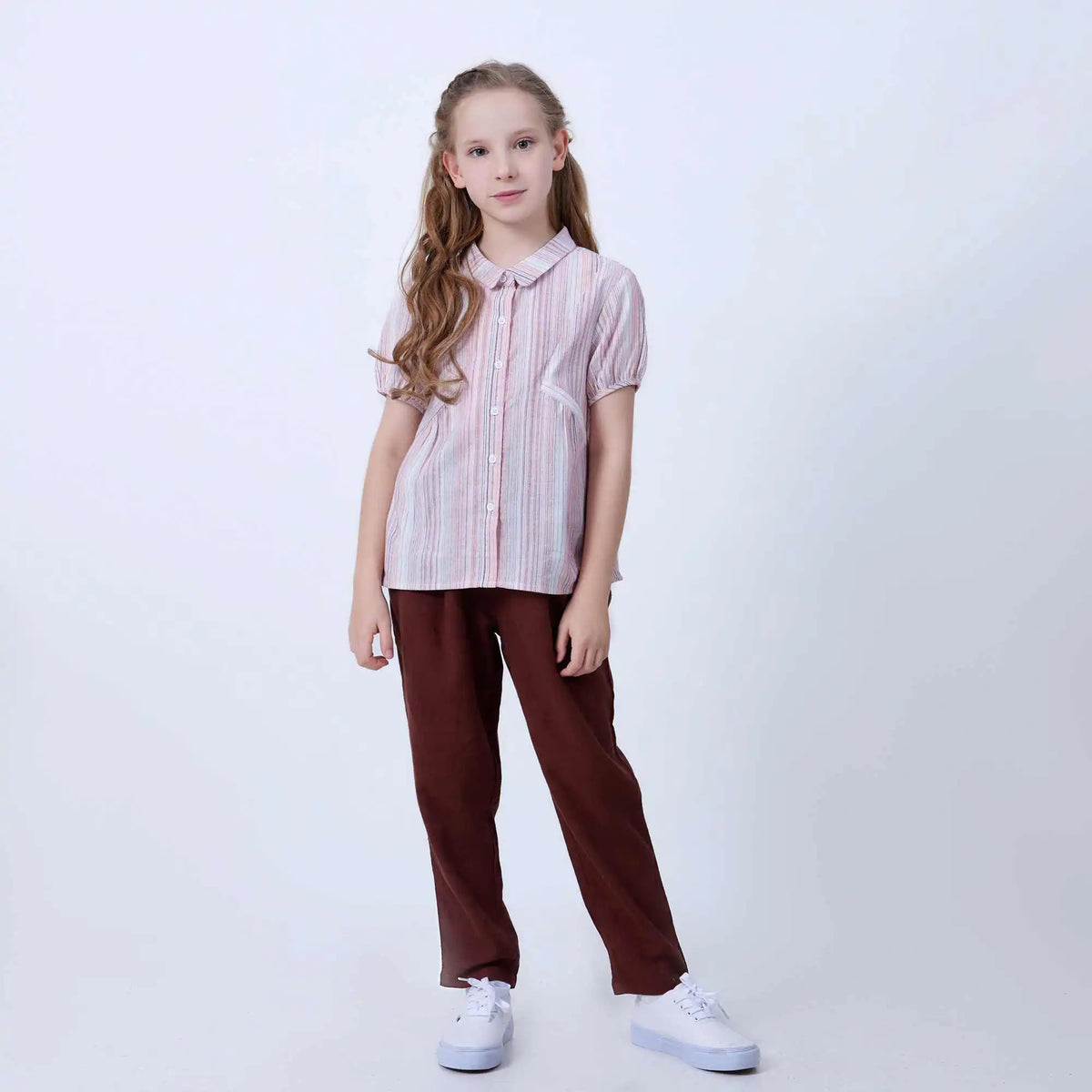 Stripped Linen Shirt For Girls 120 | 5-6Y Pink Stripes 120 | 5-6Y,44.6,76,14, Image