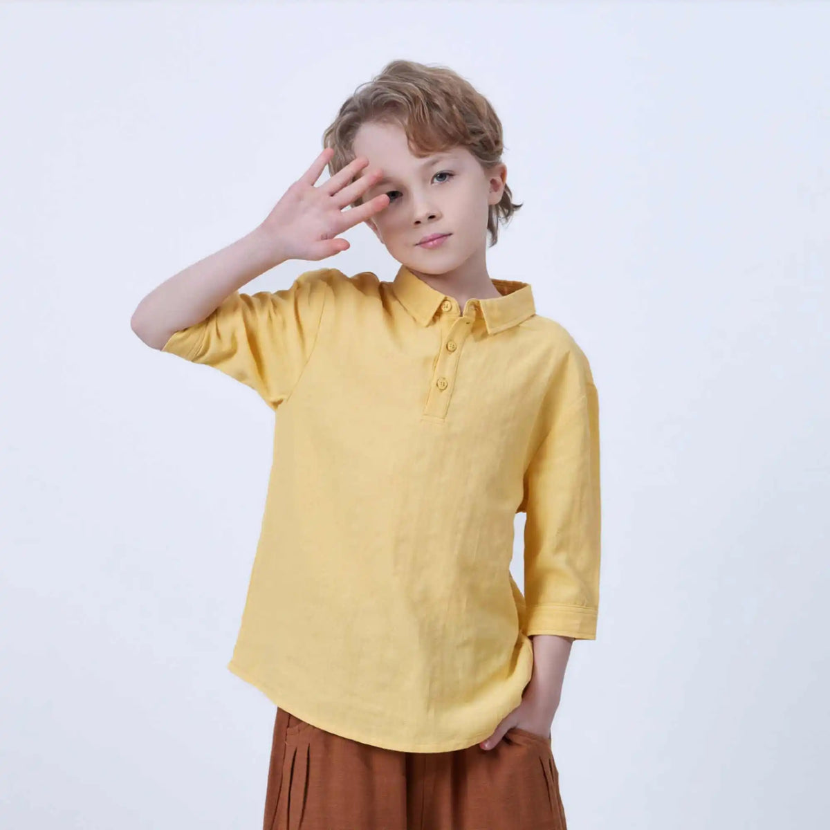 Plain Linen Blouse For Boys 100 | 3Y Yellow 100 | 3Y,44,71,23.5, Image