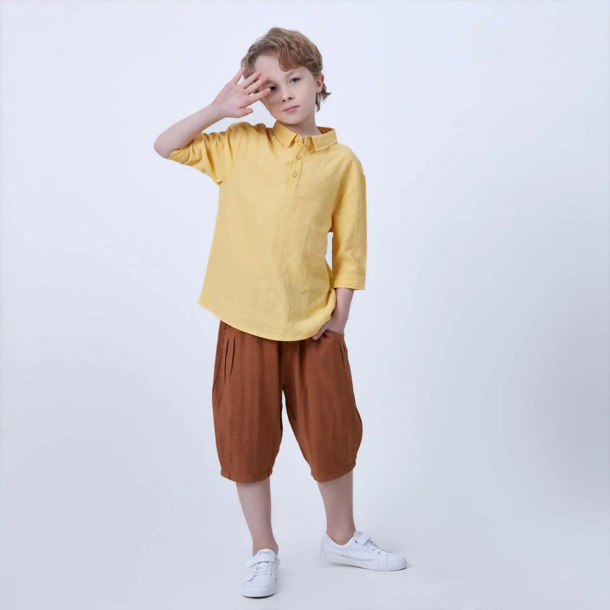 Plain Linen Blouse For Boys 120 | 5-6Y Yellow 120 | 5-6Y,51,79.8,27.5, Image