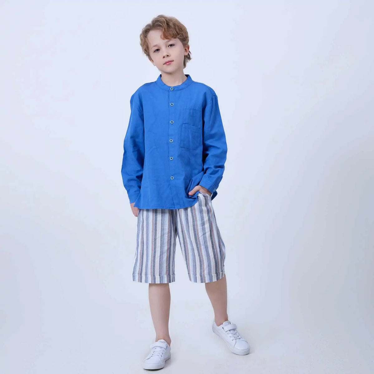 Plain Linen Shirt For Boys 120 | 5-6Y Blue 120 | 5-6Y,50.5,79.8,42, Image