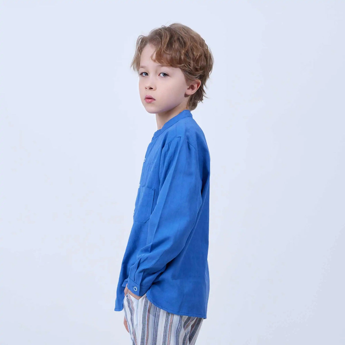 Plain Linen Shirt For Boys 130 | 7-8Y Blue 130 | 7-8Y,54,84.2,45.5, Image