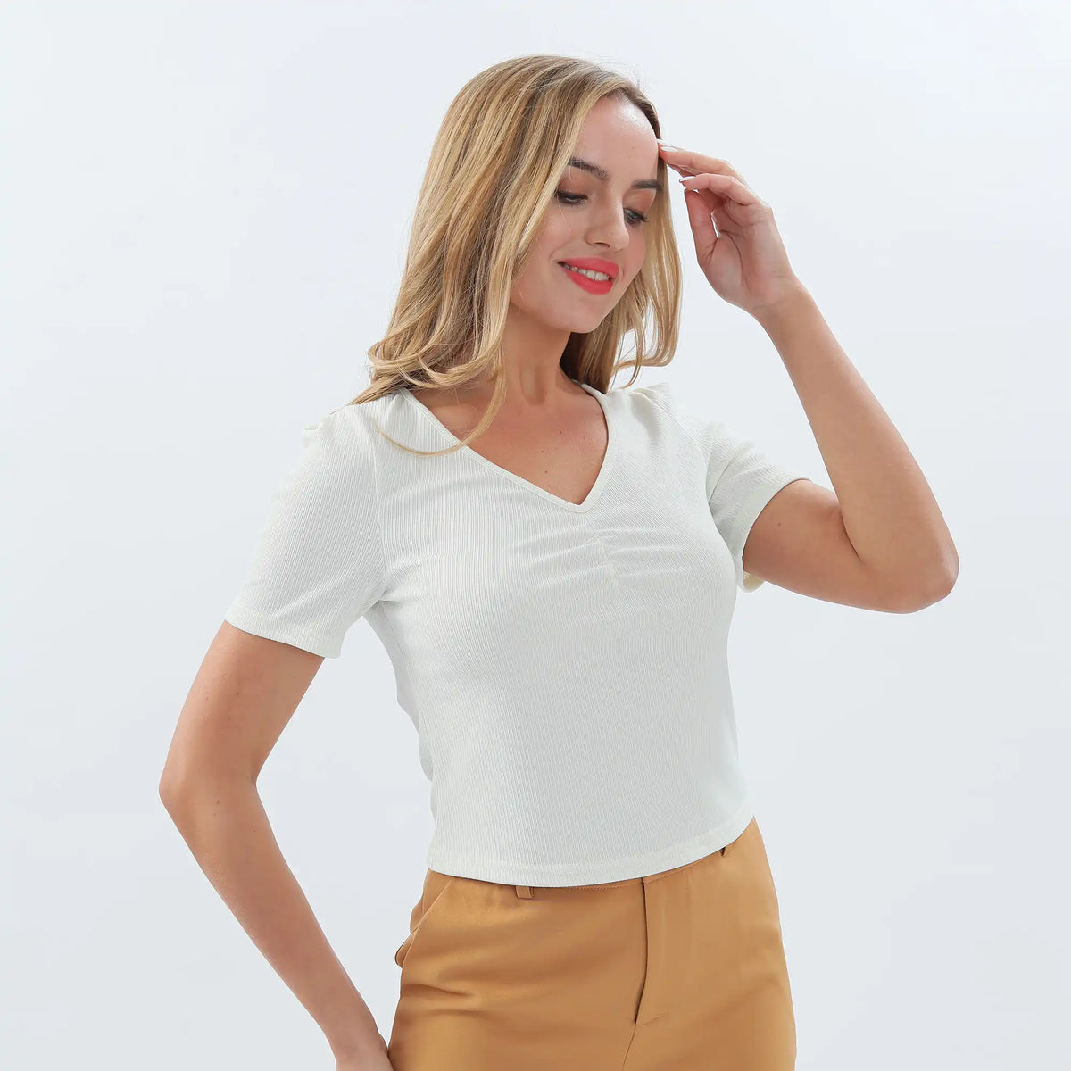 Plain Basic T.Shirt For Women M Light Beige M,44.5,82,22.5, Image