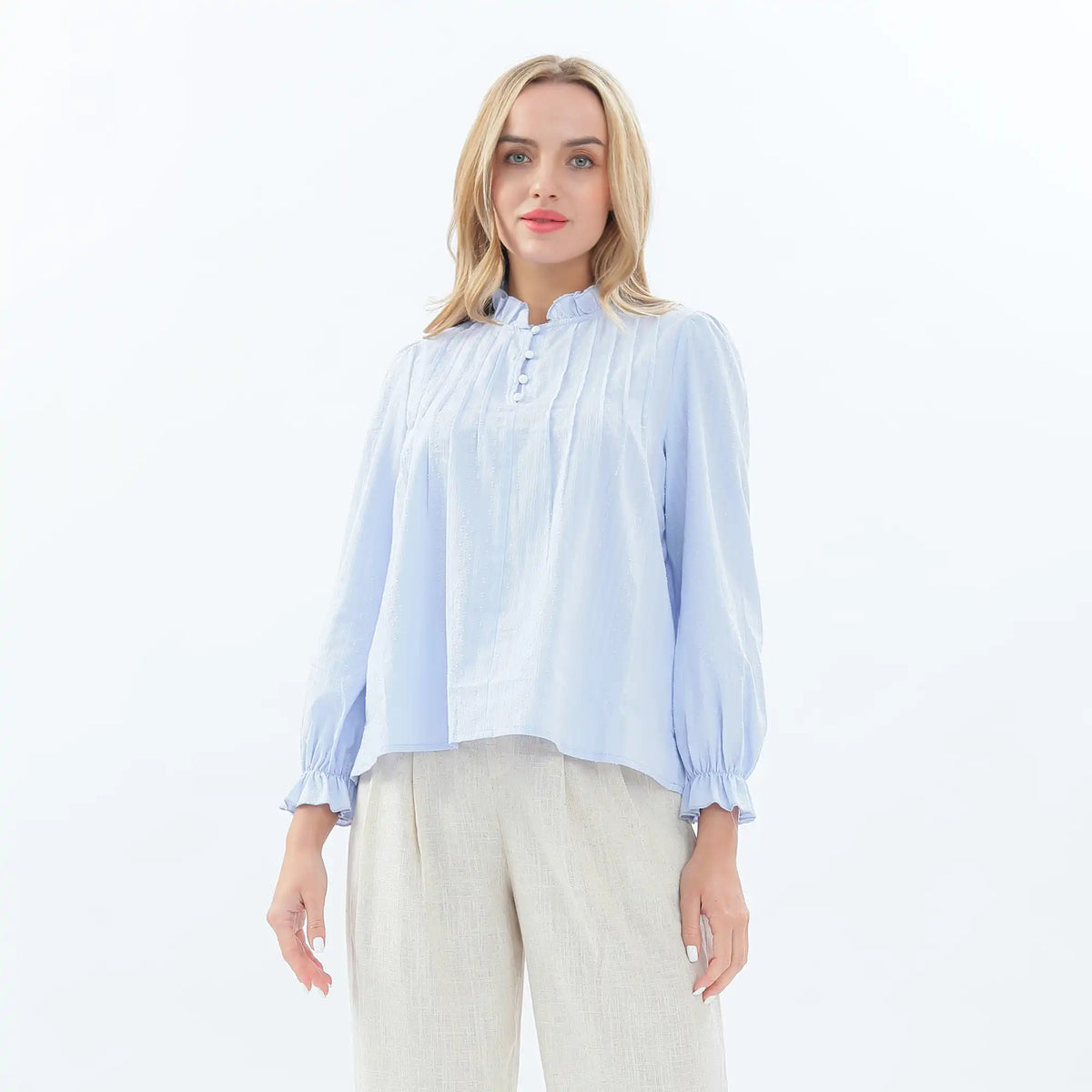 Jacquard Linen Blouse For Women S Light Blue S,60,100,60, Image