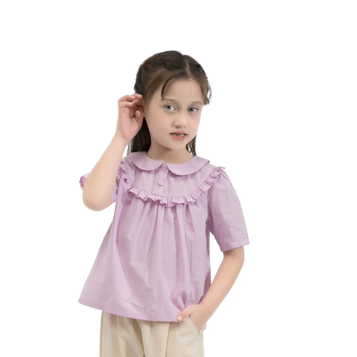 Plain Casual Blouse For Girls 130 | 7-8Y Pink Purple 130 | 7-8Y,49,76,22.5, Image