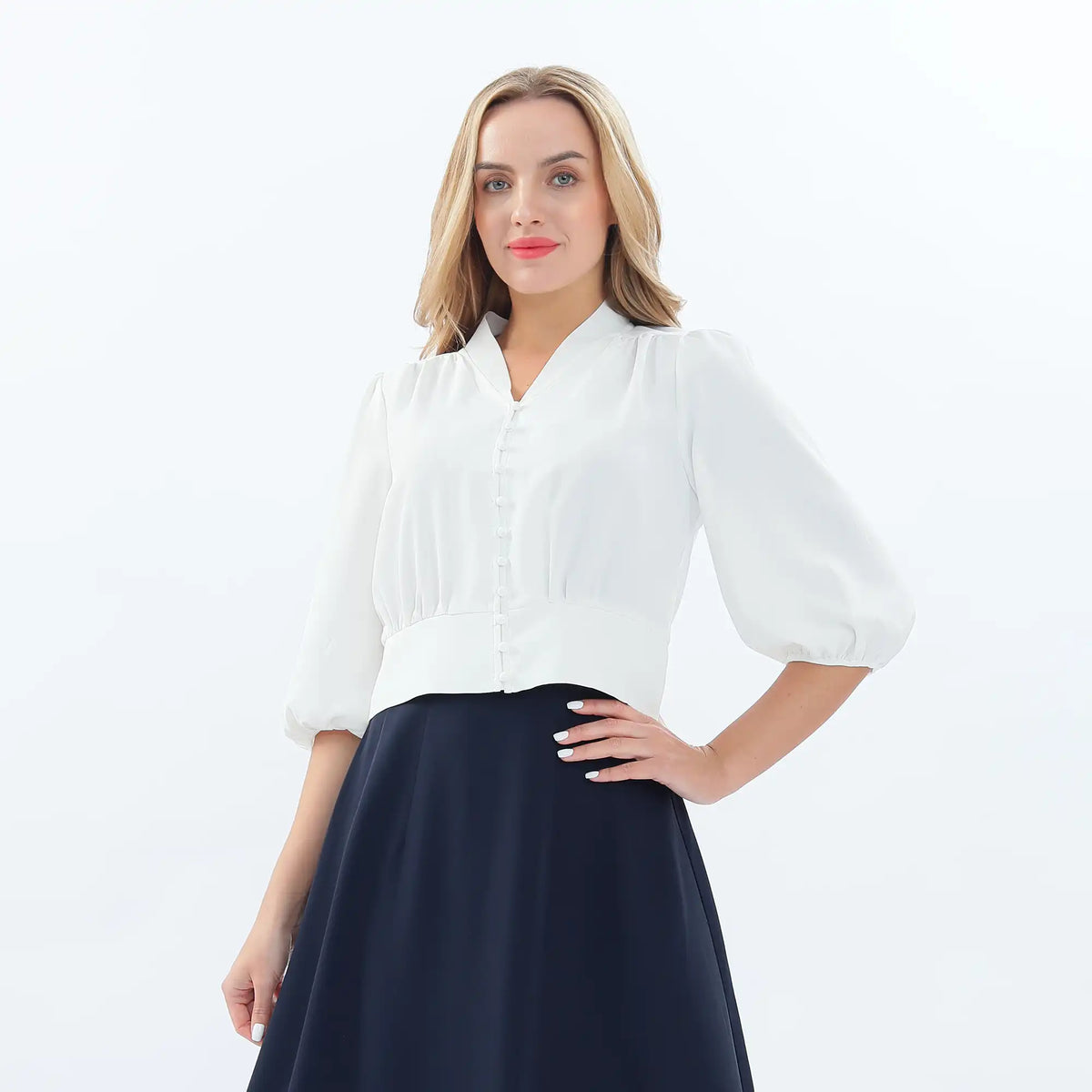 Plain Classic Blouse For Women S White S,44.5,102,43.5, Image