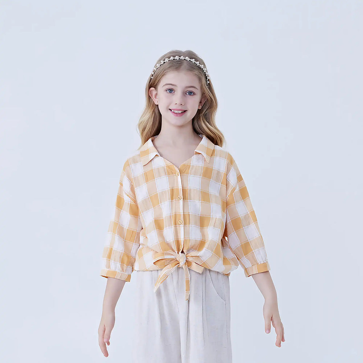 Checked Linen Shirt For Girls Yellow Image