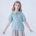 Green Plain Linen Shirt For Girls Image