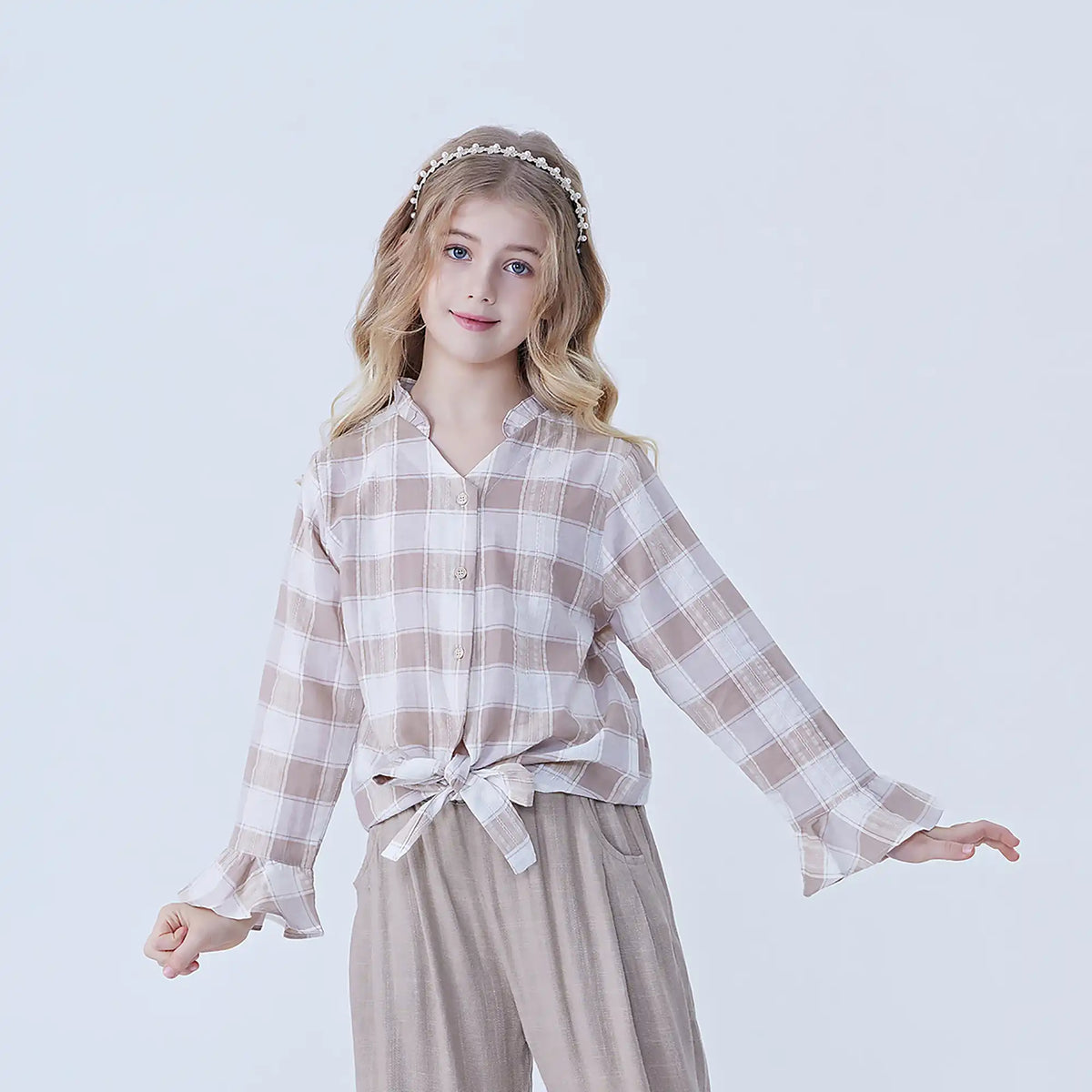 Checked Linen Shirt For Girls Beige Image