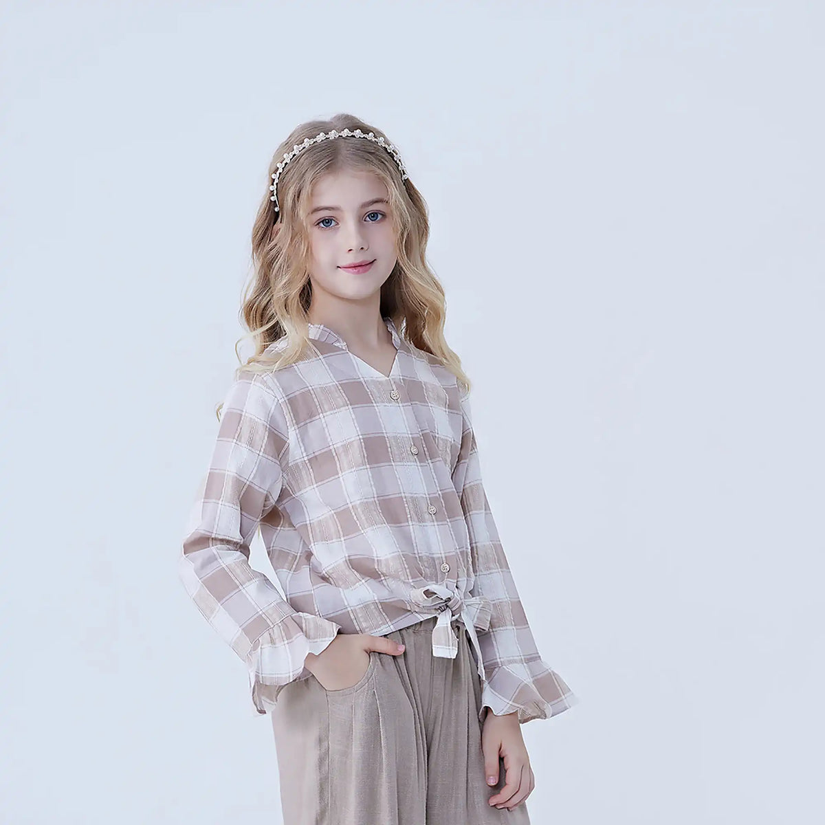 Checked Linen Shirt For Girls Image