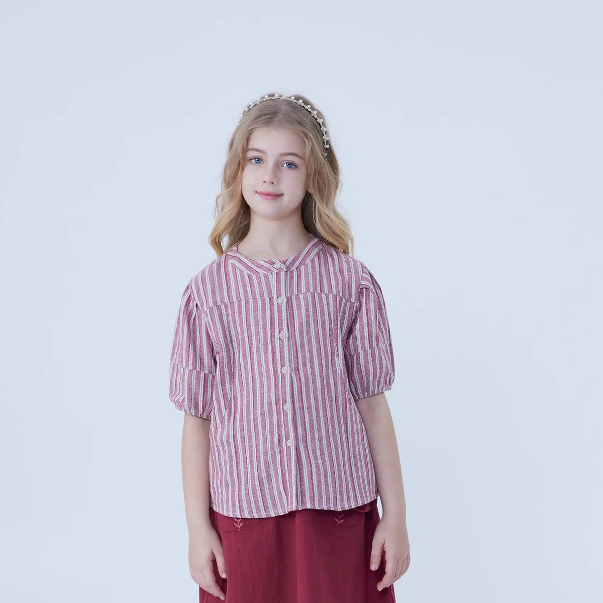 Striped Linen Shirt For Girls Maroon Image